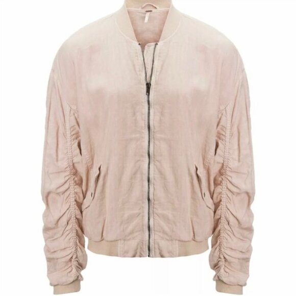 Free People Light Blush Pink Ruched Linen Bomber Zip Up Jacket Sz Small - Picture 2 of 8